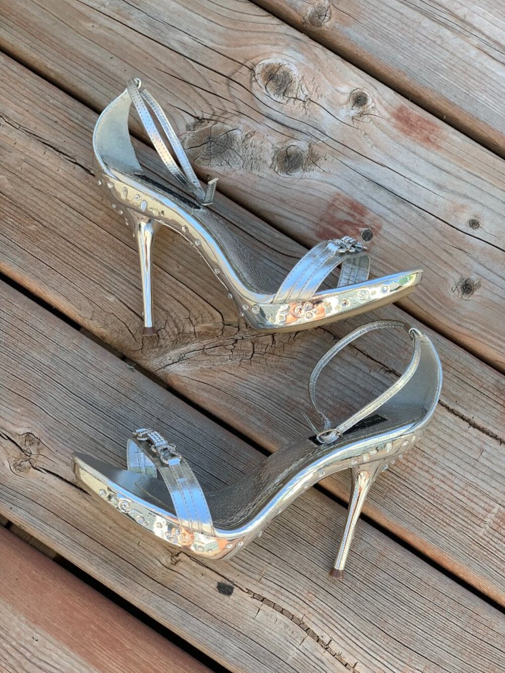 Celeste Silver Metallic Rhinestone High Heel Sandals 10 Open Toe Ankle Strap Y2K